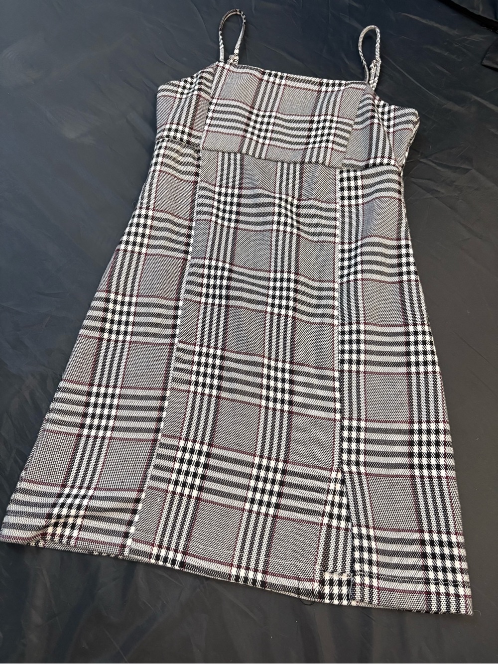 Plaid Spaghetti-Strap Mini Slit Dress in Black and Gray